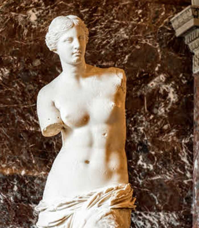 Touring the Louvre with a guide, highlighting the iconic Venus de Milo sculpture in Paris.