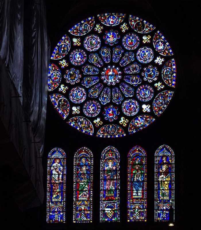 Close-up of Chartres Cathedral’s stained-glass windows, during a private half-day tour from Paris
