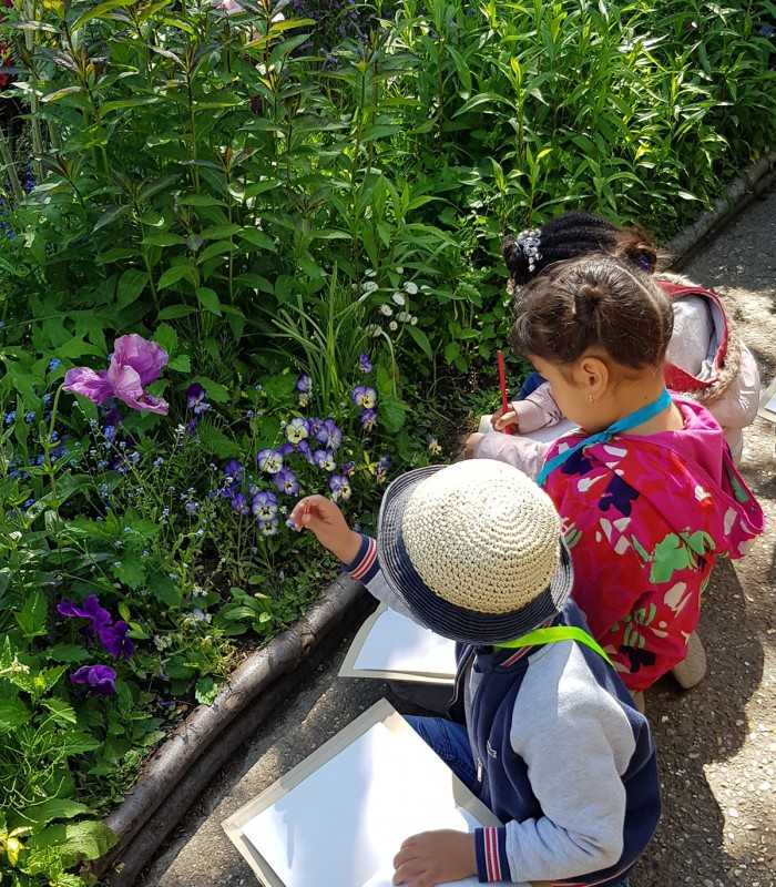 Children drawing and sketching in Monet’s garden in Giverny, France, during a private guided visit