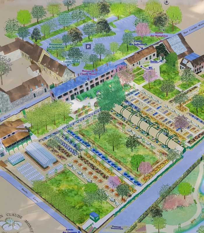 Detailed layout of Claude Monet’s Giverny property, including Le Clos Normand garden and the artist’s home